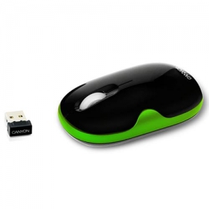CANYON CNR-MSOW01G , беспроводная мышка, USB-ресивер 2.4ГГц, Optical, 800/1600 dpi, 3 кнопки,  Черно-зеленая  + Коврик